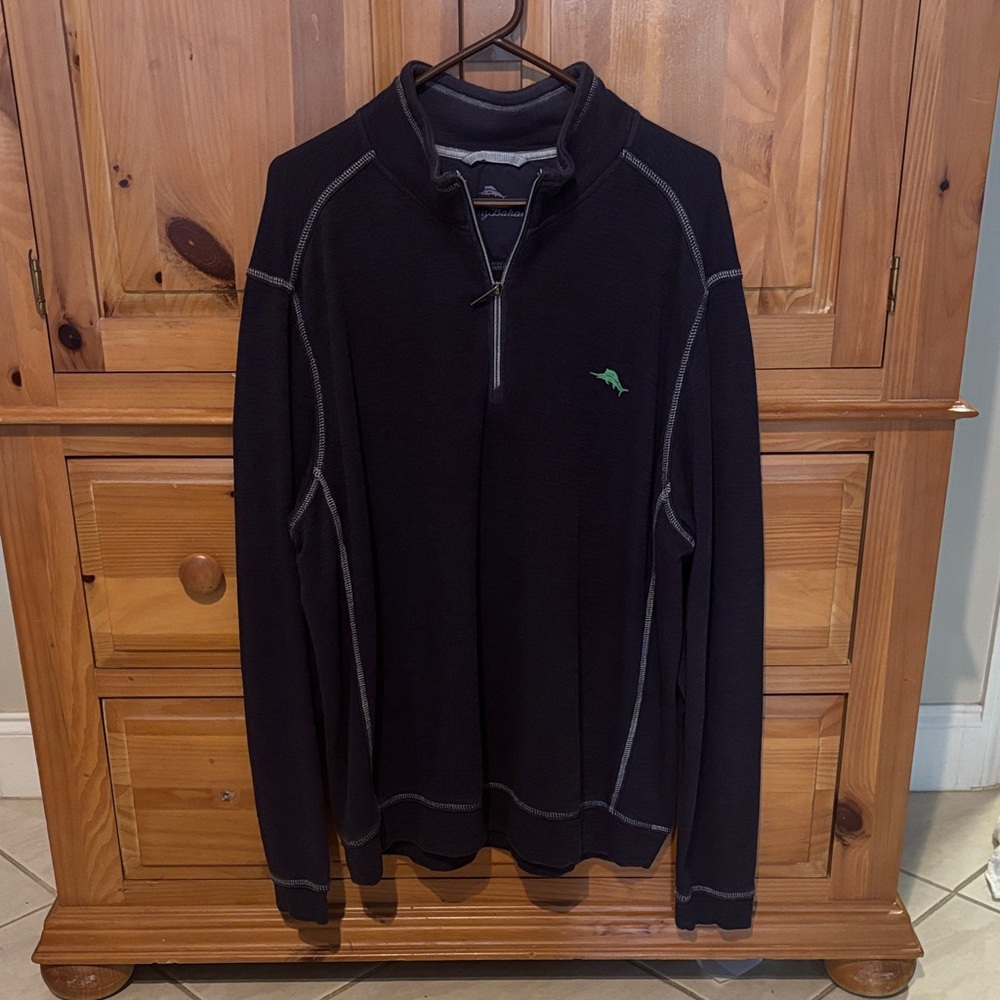 Tommy Bahama Navy Blue Zip-Up Sweater with Green Logo